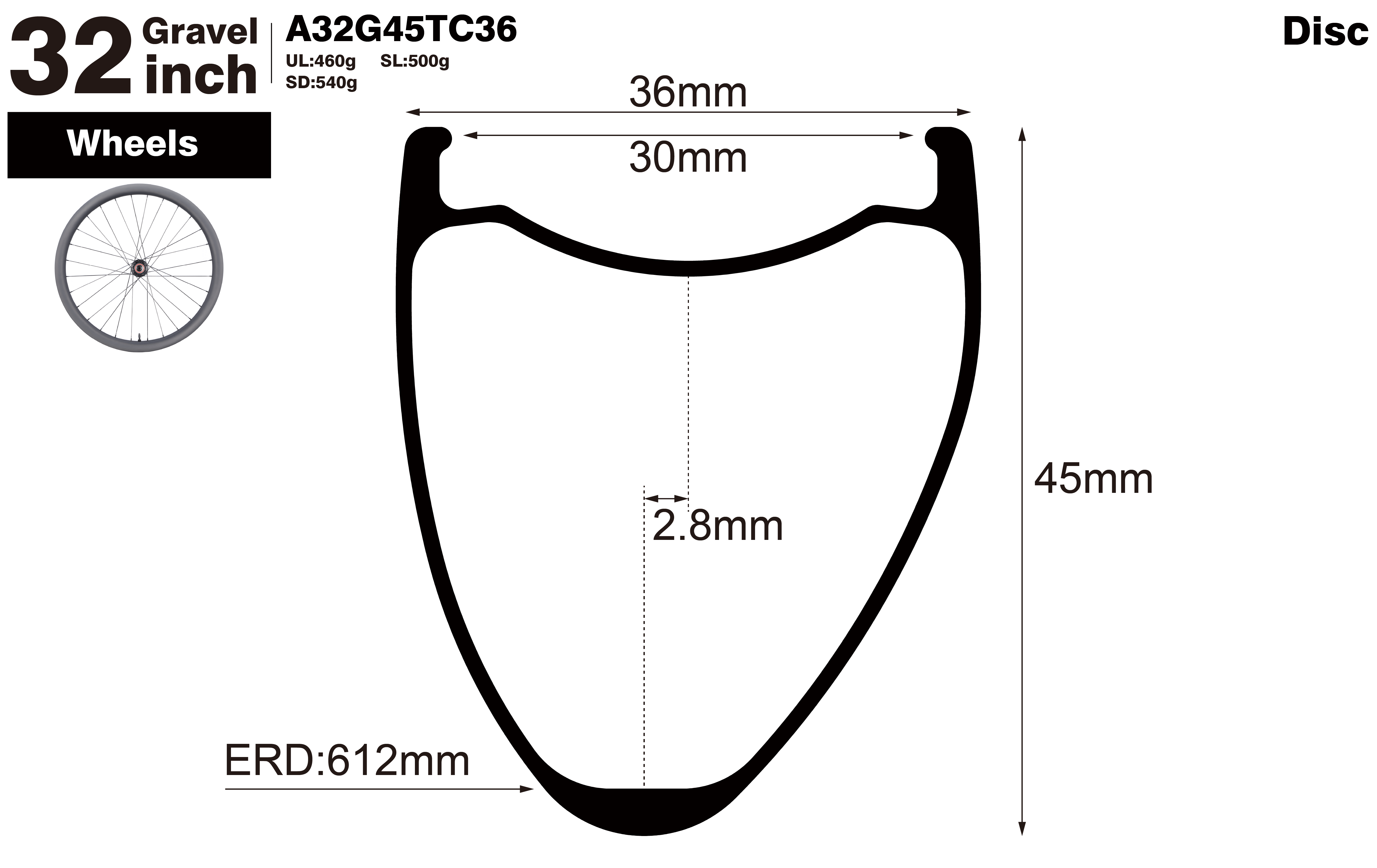 32 inch-I30-D45-asymmetric-road-bike-gravel-carbon-wheels-profile-drawing